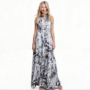 H&M Gold Label High Halter Tie Neck Open Back Satin Maxi Dress Silver Charcoal 4